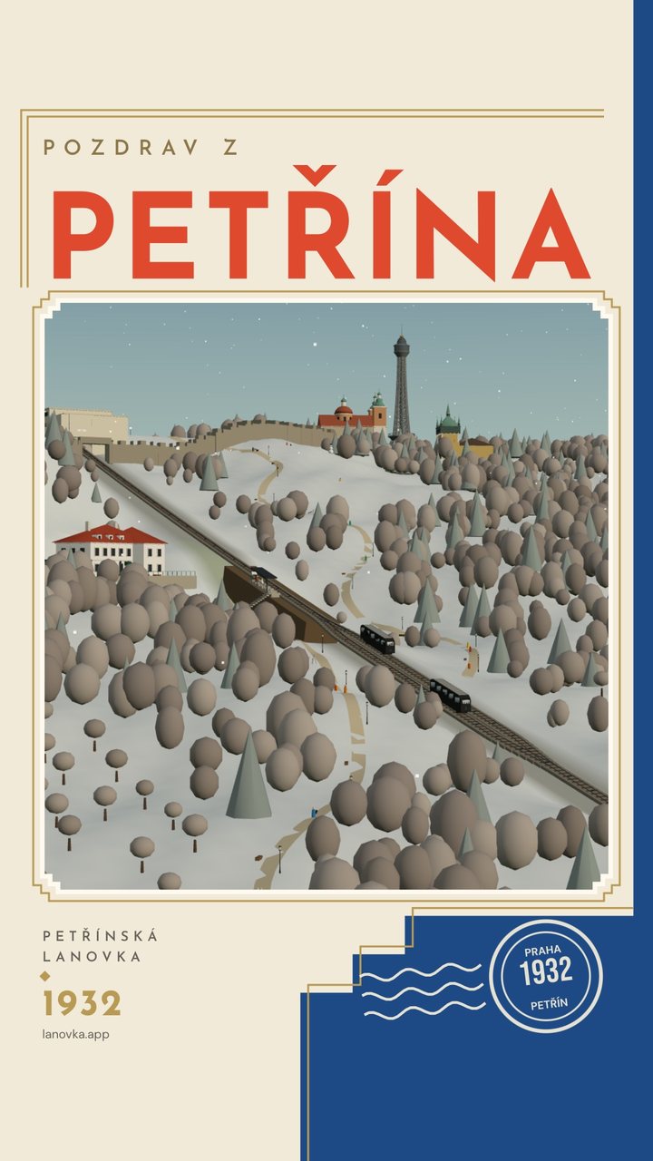 Pohlednice Pozdrav z Petřína 1932: zasněžený svah, dva vozy, art deco rámeček